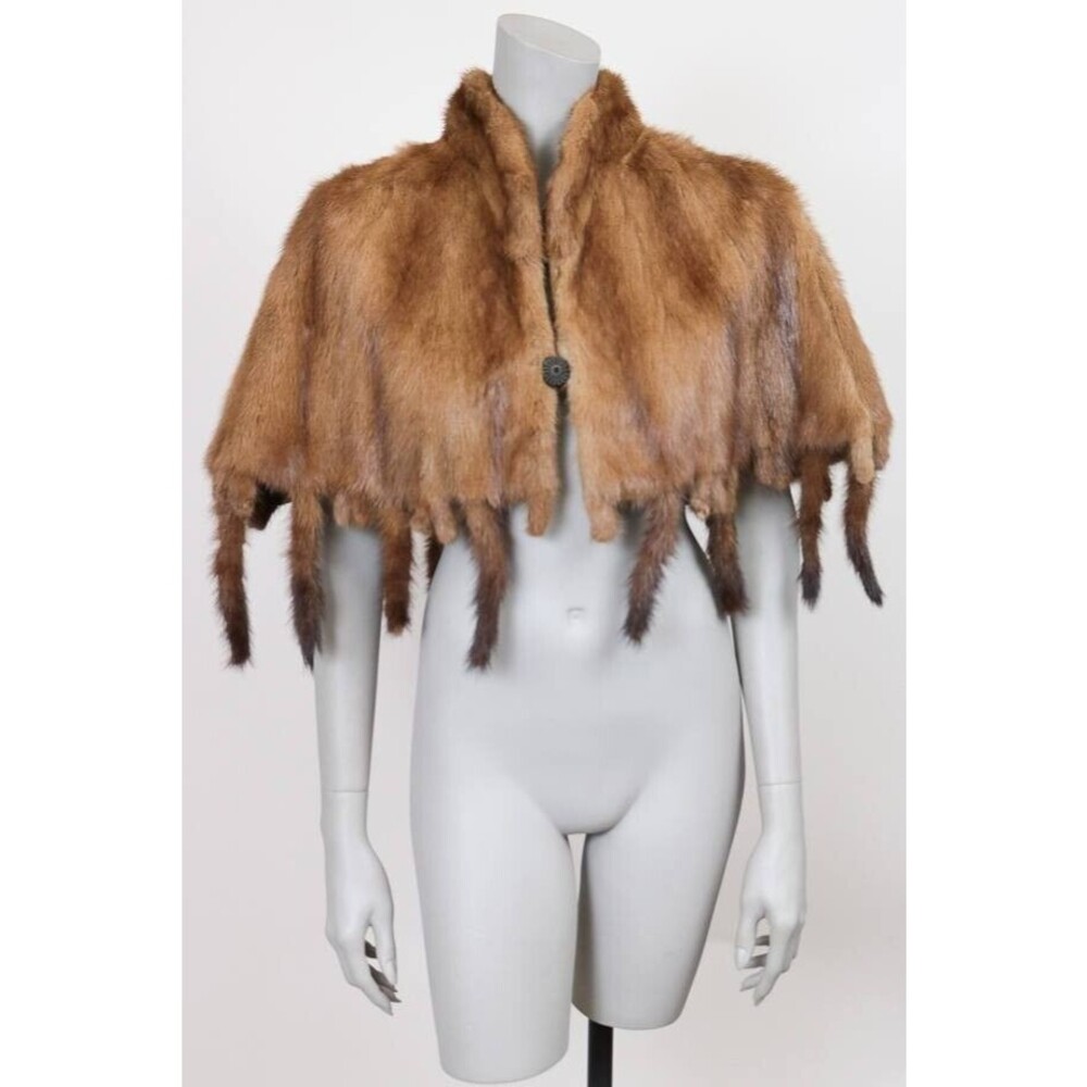 Vintage 1950s 50s Genuine Mink Fur Cape with Tail Fringe OS One Size Fit's Most